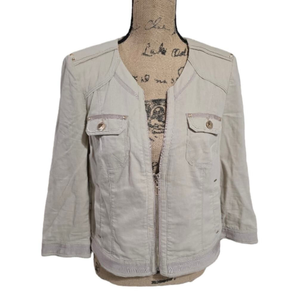 White house black market Beige Linen Blend 3/4 Sleeve Boho Blazer Jacket Size 10
